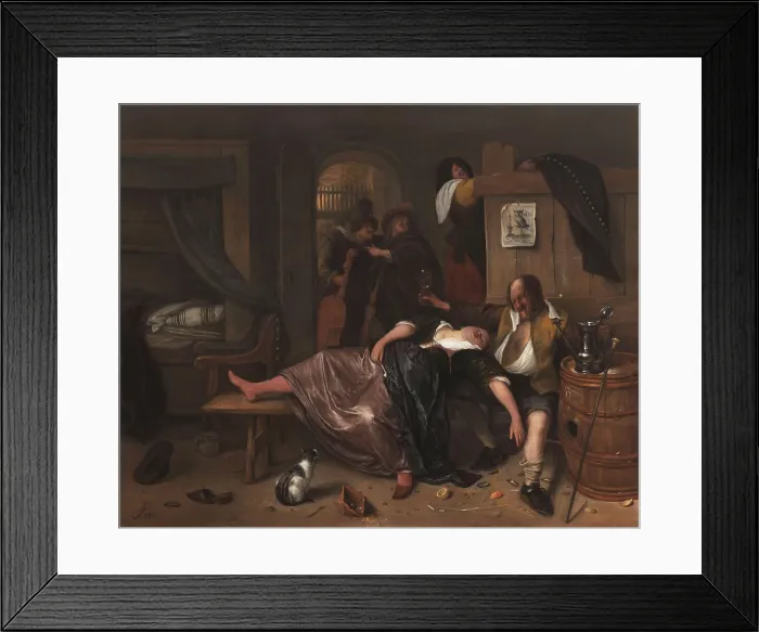 Framed Print : The Drunken Couple, Jan Steen, 1655, Dutch painting, oil on panel. A man and woman are so drunk that they are unaware they are being robbed Framed Print : The Drunken Couple, Jan Steen, 1655, Dutch painting, oil on panel. A man and woman are so drunk that they are unaware they are being robbed