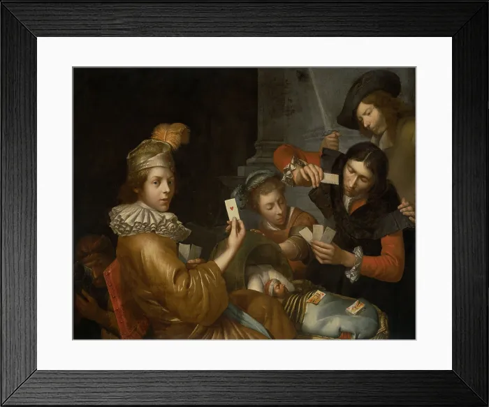 Framed Print : Card Game on the Cradle: Allegory, attrib. to Johannes van Wijckersloot, 1643-83, Dutch oil painting. The baby in the cradle has a beard and facial structure of an adult man Framed Print : Card Game on the Cradle: Allegory, attrib. to Johannes van Wijckersloot, 1643-83, Dutch oil painting. The baby in the cradle has a beard and facial structure of an adult man