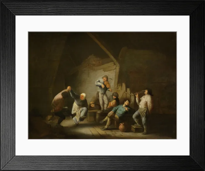 Framed Print : Dancing Couple, by Adriaen van Ostade, 1625-40, Dutch painting, oil on panel. Peasant and his wife dance as man on barrel plays a violin in a barn with haylofts Framed Print : Dancing Couple, by Adriaen van Ostade, 1625-40, Dutch painting, oil on panel. Peasant and his wife dance as man on barrel plays a violin in a barn with haylofts