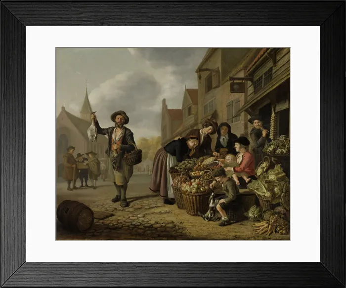 Framed Print : The Greengrocer's Shop De Buyskool, by Jan Victors, 1654, Dutch painting, oil on canvas. Vegetable vendor in a city square with women customers sampling her goods Framed Print : The Greengrocer's Shop De Buyskool, by Jan Victors, 1654, Dutch painting, oil on canvas. Vegetable vendor in a city square with women customers sampling her goods