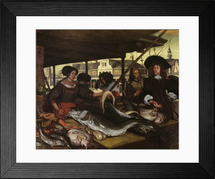 Framed Print : New Fish Market in Amsterdam, by Emanuel de Witte, 1655-92, Dutch painting, oil on canvas. Women vendors in a stall sell an abundant variety of types and sizes (BSLOC_2016_3_182)