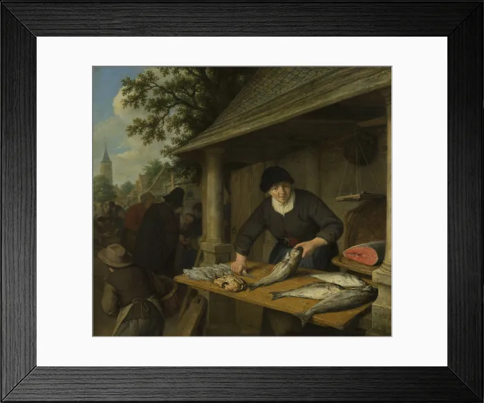 Framed Print : The Fishwife, by Adriaen van Ostade, 1672, Dutch painting, oil on canvas. A fishwife sells her husband's catch at a city market