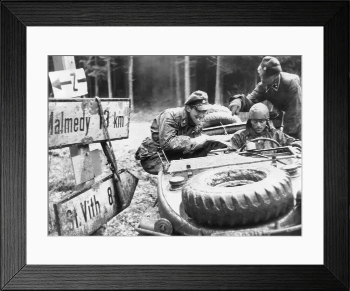 Framed Print : German SS troops with the 1st Panzer division check a highway sign at an Ardennes crossroad Framed Print : German SS troops with the 1st Panzer division check a highway sign at an Ardennes crossroad