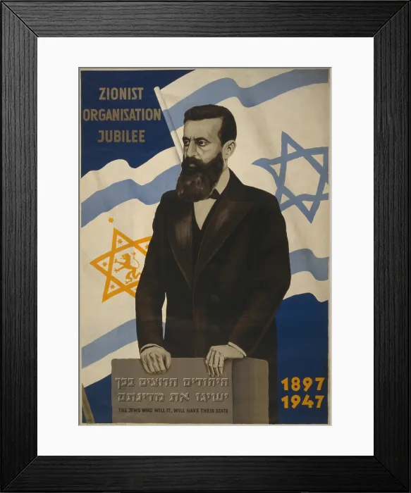 Framed Print : 1947 poster showing Theodor Herzl with the flags of Israel and the Zionist Congress