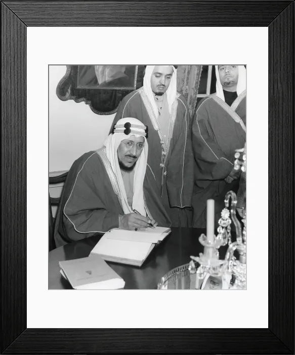 Framed Print : Crown Prince Amir Saud of Saudi Arabia signs the guest book at Mount Vernon, Virginia. Jan. 14, 1947. - (BSLOC_2014_15_212) Framed Print : Crown Prince Amir Saud of Saudi Arabia signs the guest book at Mount Vernon, Virginia. Jan. 14, 1947. - (BSLOC_2014_15_212)