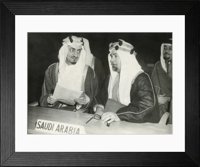 Framed Print : Saudi Arabian delegates to the United Nations session in London, Jan. 17, 1946. At left is Foreign Minister Faisal bin Abdulaziz, who would rule as King Faisal from 1964-1975 Framed Print : Saudi Arabian delegates to the United Nations session in London, Jan. 17, 1946. At left is Foreign Minister Faisal bin Abdulaziz, who would rule as King Faisal from 1964-1975