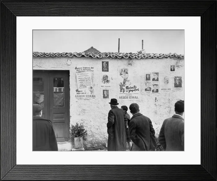 Framed Print : Royalists political posters plastered on the outside wall of a tavern. Athens, Greece, March 31, 1946. - (BSLOC_2014_15_222) Framed Print : Royalists political posters plastered on the outside wall of a tavern. Athens, Greece, March 31, 1946. - (BSLOC_2014_15_222)