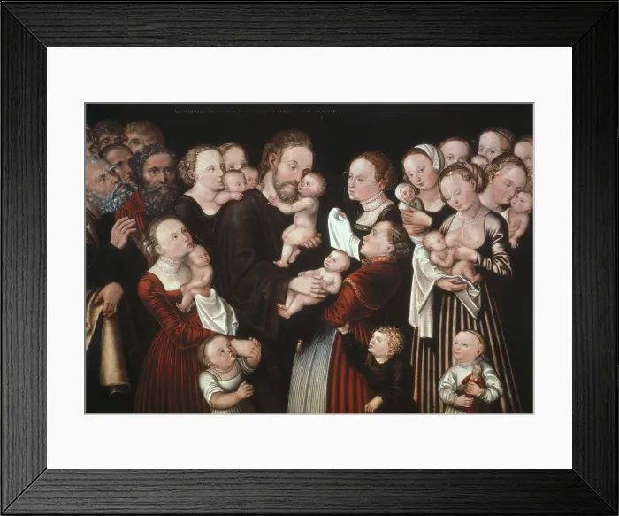 Framed Print : Cranach, Lucas, 'the Elder' (1472-1553). Jesus and the Children. 1st half 16th c. German school. Renaissance art. Oil on wood. SWITZERLAND. Winterthur