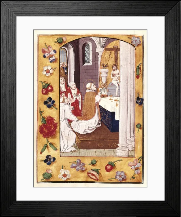 Framed Print : Book of Hours. 15th c. Fol. 152v. Mass of St Gregory. Work known as 'Hours of the Queen of Sweden'. Illuminations of the school of Bruges