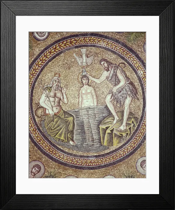 Framed Print : Baptism of Christ. end 5th c. ITALY. Ravenna. Arian Baptistry. Early Byzantine art. Mosaic. - BeBa / Iberfoto / Everett Collection (270553)**US SALES ONLY** Framed Print : Baptism of Christ. end 5th c. ITALY. Ravenna. Arian Baptistry. Early Byzantine art. Mosaic. - BeBa / Iberfoto / Everett Collection (270553)**US SALES ONLY**