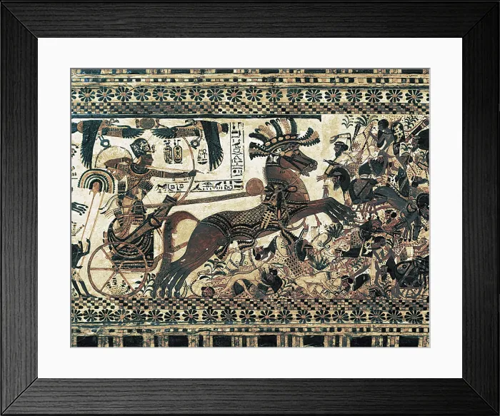 Framed Print : Painted chest depicting a king on his chariot attacking an enemy. ca. 1340 BC. Detail, the Pharaoh fighting against the Nubians. Found at the Treasure of Tutankhamun Framed Print : Painted chest depicting a king on his chariot attacking an enemy. ca. 1340 BC. Detail, the Pharaoh fighting against the Nubians. Found at the Treasure of Tutankhamun