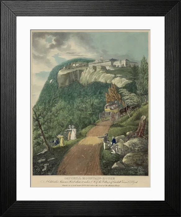 Framed Print : Horse drawn carriage making the 1 600-foot climb up the mountain road to the Catskill Mountain House a famous hotel overlooking the Hudson River Valley