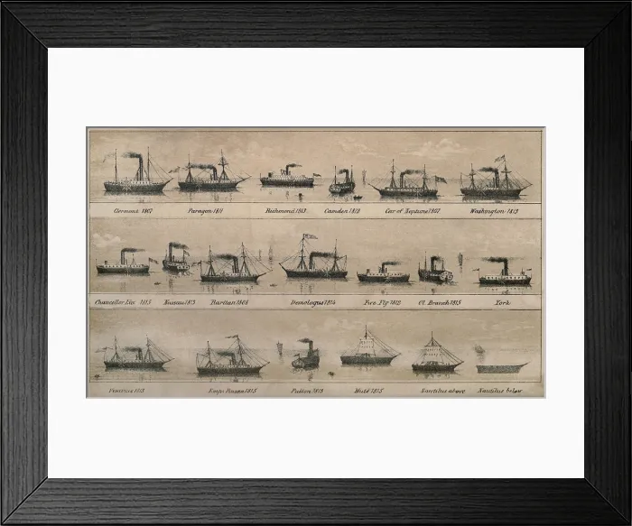 Framed Print : Print depicting 19 early steamships built between 1807 and 1815 including Robert Fulton's CLERMONT and NAUTILUS. lifeofrobertfult00reigrich_0024