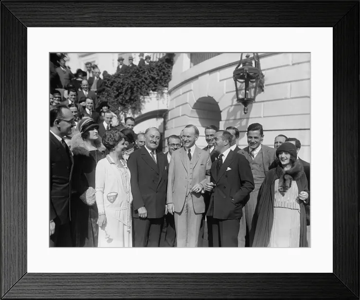 Framed Print : Hollywood visits the White House, Oct. 1924. Central group, L-R: First Lady Grace Coolidge, John Drew Jr. President Calvin Coolidge, and Al Jolson. (BSLOC_2015_15_146) Framed Print : Hollywood visits the White House, Oct. 1924. Central group, L-R: First Lady Grace Coolidge, John Drew Jr. President Calvin Coolidge, and Al Jolson. (BSLOC_2015_15_146)