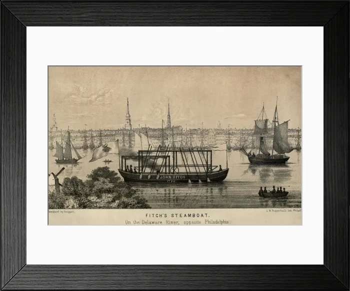 Framed Print : John Fitch's steamboat on the Delaware River at Philadelphia was the first operation steam powered ship. 1787. lifeofrobertfult00reigrich_0215