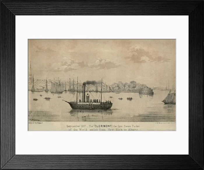 Framed Print : The CLERMONT Robert Fulton's first steamship starting its first New York to Albany voyage. It sailed 150 miles upstream in 32 hours at an average speed of five mile per hour