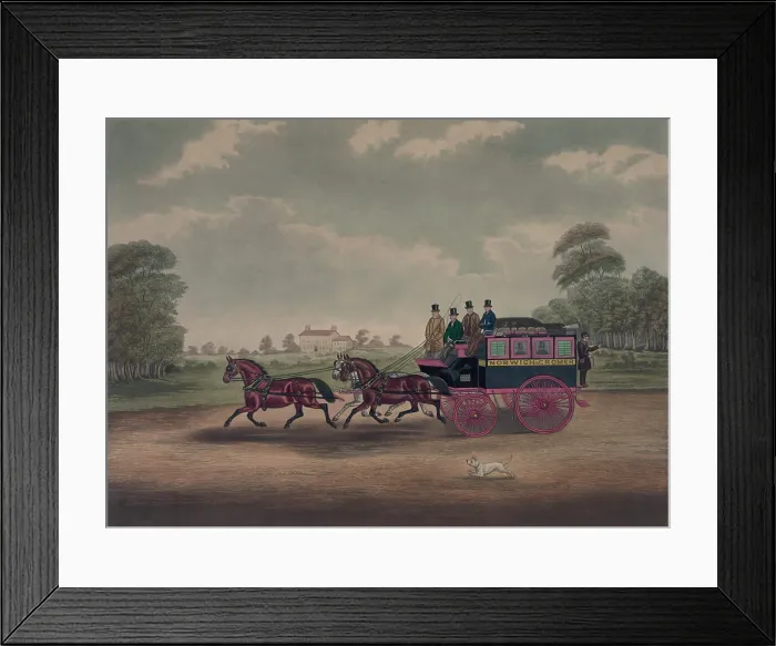 Framed Print : Five men on a passenger coach traveling between the English towns of Norwich and Cromer. Engraving based on a painting by Charles C. Hunt 1830. LC-DIG-pga-01660