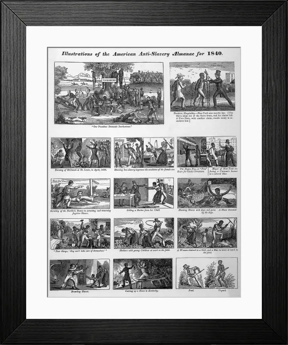 Framed Print : Illustrations of the Antislavery Almanac for 1840, show slaves at labor, abused, pursued by slave catchers, at auction, and free Blacks subjected to discrimination