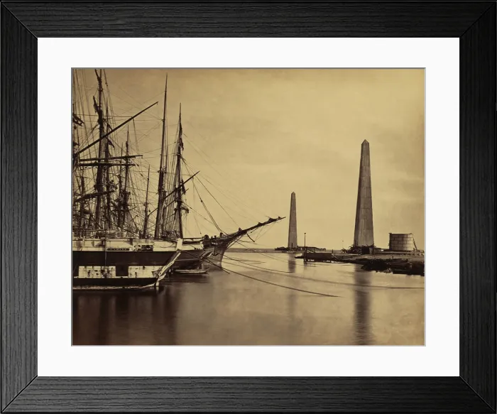 Framed Print : Obelisks on shore and ships moored at the Port Said entrance to the Suez Canal. 1860 photo by Francis Frith. LC-DIG-ppmsca-04472