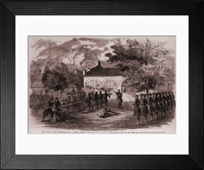 Framed Print : John Brown's insurrection. While under fire from Brown's insurgents, U.S. Marines used a ladder to ram down the engine house door Framed Print : John Brown's insurrection. While under fire from Brown's insurgents, U.S. Marines used a ladder to ram down the engine house door