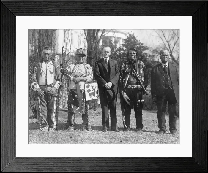 Framed Print : President Calvin Coolidge with four Northwestern Native Americans on Feb. 18, 1925 Framed Print : President Calvin Coolidge with four Northwestern Native Americans on Feb. 18, 1925
