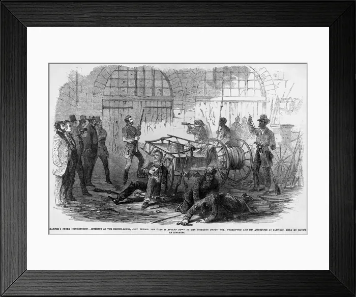 Framed Print : John Brown and others inside the engine house of the Harper's Ferry Armory just before the U.S. Marines ram through the door