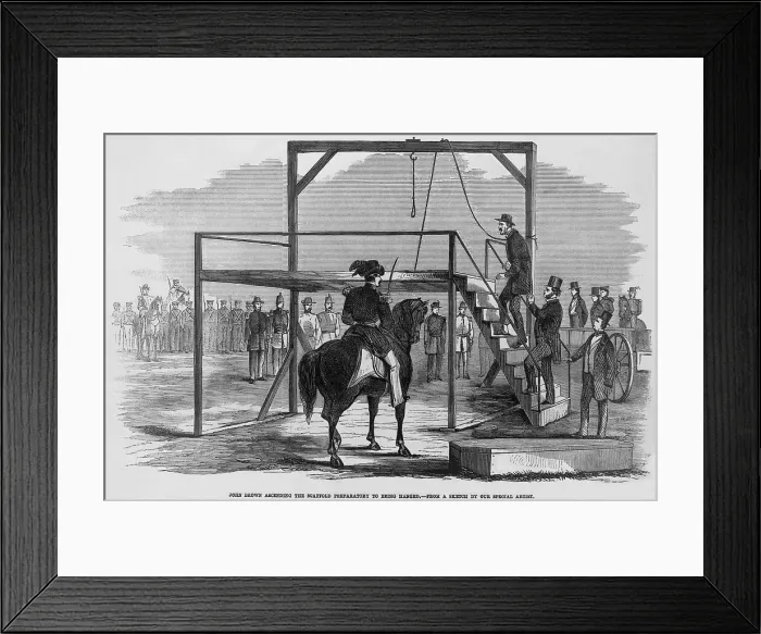 Framed Print : Militant abolitionist, John Brown (1800-1859), ascending the scaffold to be hung for leading the Harper's Ferry insurrection. December 2, 1859 Framed Print : Militant abolitionist, John Brown (1800-1859), ascending the scaffold to be hung for leading the Harper's Ferry insurrection. December 2, 1859