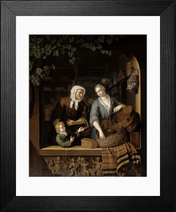 Framed Print : The Grocer's Shop, by Frans van Mieris (II), 1715, Dutch painting, oil on panel. Two women and a young boy in the open window in a grocery store