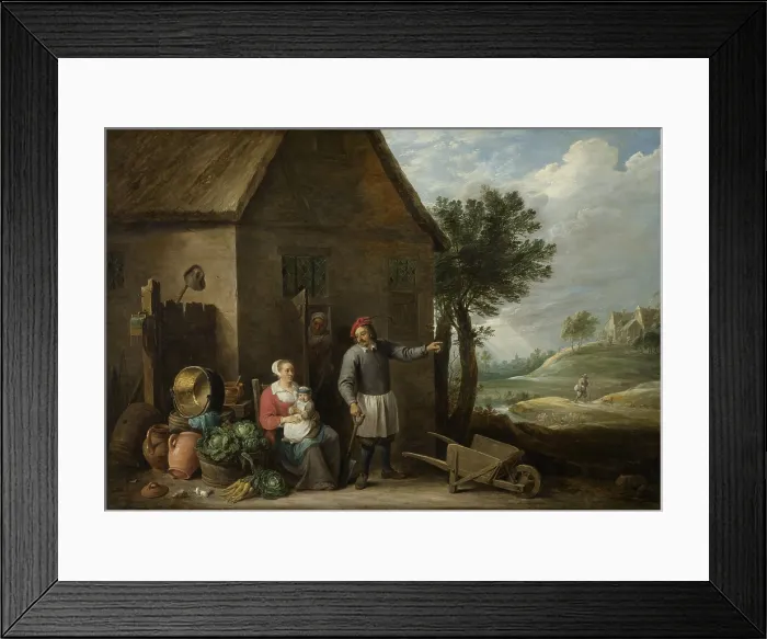 Framed Print : Peasant with His Wife and Child in Front of the Farmhouse, by David Teniers (II), 1640-70, Flemish. Painting, oil on canvas