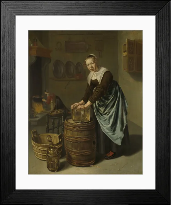 Framed Print : Woman Scouring a Vessel, by Willem van Odekercken, 1631-77, Dutch painting, oil on panel. A kitchen maid scours a copper kettle with a clump of dried grass Framed Print : Woman Scouring a Vessel, by Willem van Odekercken, 1631-77, Dutch painting, oil on panel. A kitchen maid scours a copper kettle with a clump of dried grass