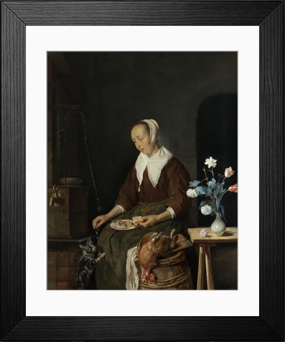 Framed Print : Woman Eating, by Gabriel Metsu, 1661-64, Dutch painting, oil on panel. Also known as The Cat's Breakfast Framed Print : Woman Eating, by Gabriel Metsu, 1661-64, Dutch painting, oil on panel. Also known as The Cat's Breakfast