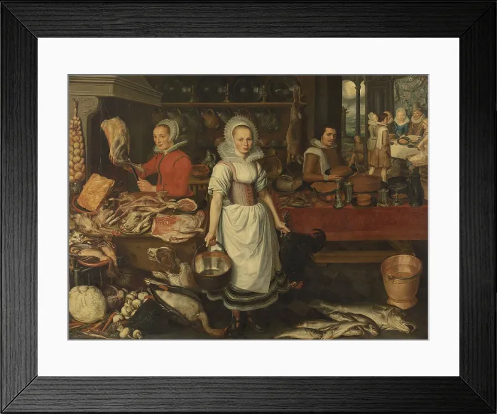 Framed Print : Kitchen Scene with the Parable of the Rich Man and Poor Lazarus, attrib. to Pieter van Rijck, 1615. Dutch painting, oil on canvas