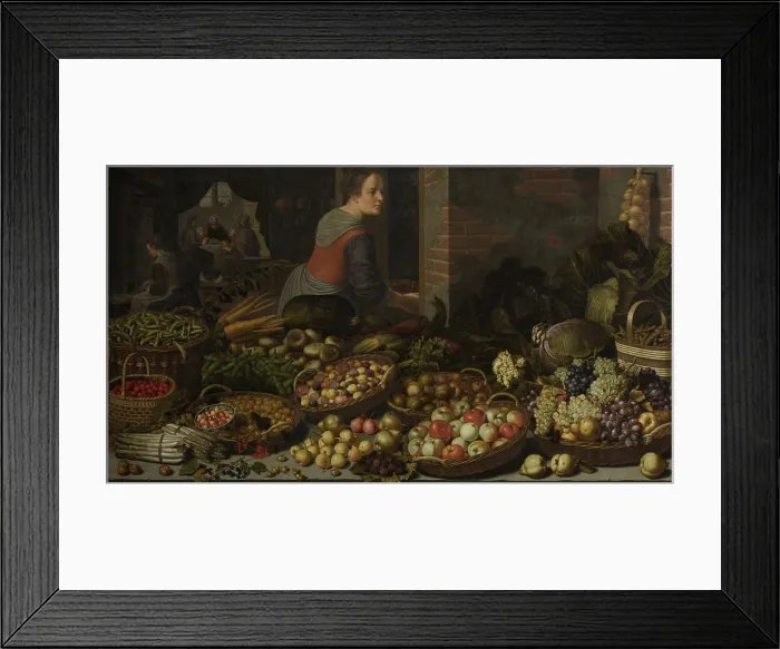 Framed Print : Still Life with Fruit and Vegetables, with Christ at Emmaus, by Floris van Schooten, 1630. Dutch painting, oil on canvas