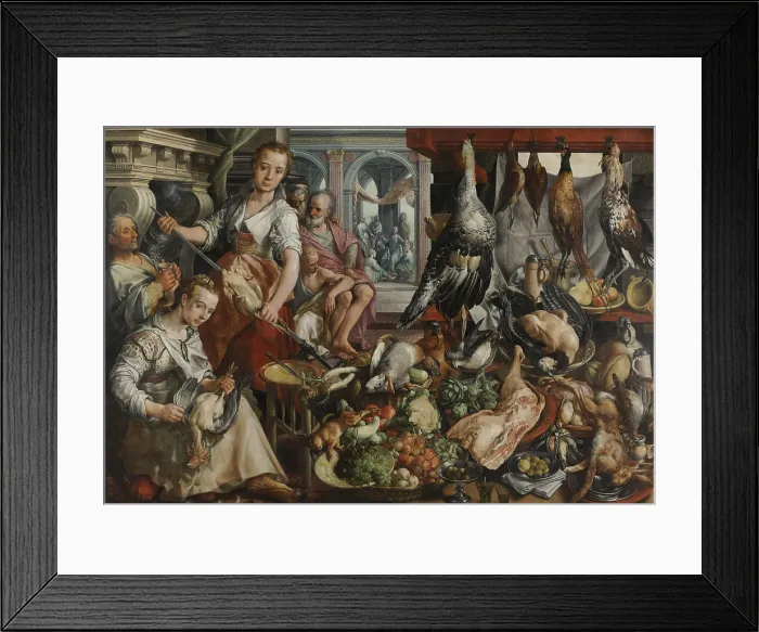 Framed Print : Kitchen, with Jesus in the House of Martha and Mary in the Background, by Joachim Bueckelaer, 1566. Flemish painting, oil on panel
