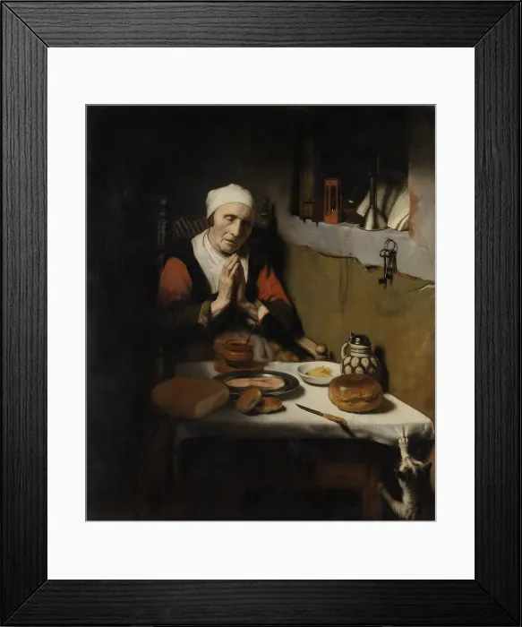 Framed Print : Old Woman Saying Grace, by Nicolaes Maes, 1656, Dutch painting, oil on panel. Also known as The Prayer without End