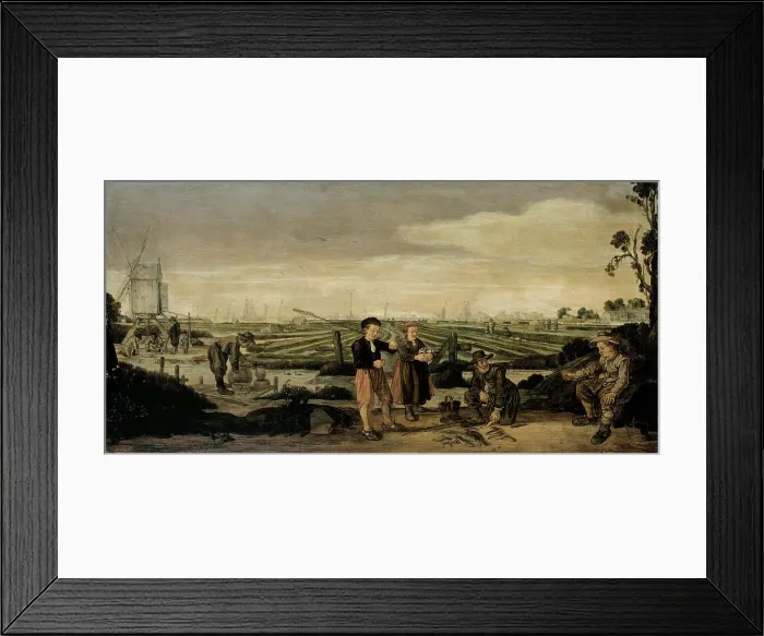 Framed Print : Fishermen and Farmers, by Arent Arentsz, c. 1625-31, Dutch painting, oil on panel. On the polders of Netherlands, fish are caught in the canals and ditches