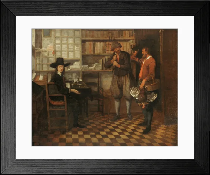 Framed Print : Tenant Farmer's Rent, attrib. to Quiringh van Brekelenkam, 1660-68, Dutch painting, oil on panel. Two farmers in an office to pay taxes or rent in kind Framed Print : Tenant Farmer's Rent, attrib. to Quiringh van Brekelenkam, 1660-68, Dutch painting, oil on panel. Two farmers in an office to pay taxes or rent in kind