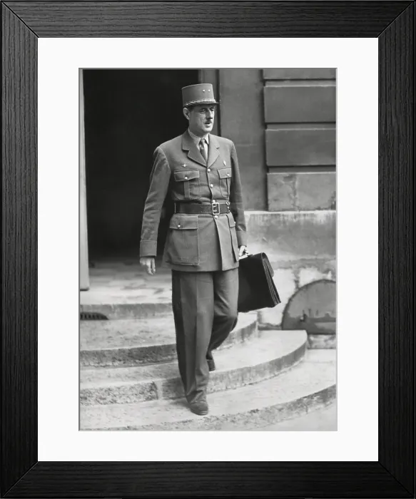 Framed Print : General Charles de Gaulle leaves the a Consul of Ministers meeting in Paris, May 9, 1945. - (BSLOC_2014_15_236) Framed Print : General Charles de Gaulle leaves the a Consul of Ministers meeting in Paris, May 9, 1945. - (BSLOC_2014_15_236)