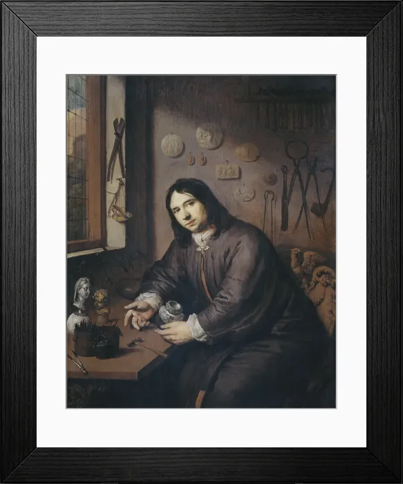Framed Print : Portrait of a Goldsmith, by Anonymous, c. 1680, Dutch painting, oil on panel. Sitting in his workshop, a goldsmith holds a silver jug, surrounded by his tools (BSLOC_2016_3_199) Framed Print : Portrait of a Goldsmith, by Anonymous, c. 1680, Dutch painting, oil on panel. Sitting in his workshop, a goldsmith holds a silver jug, surrounded by his tools (BSLOC_2016_3_199)