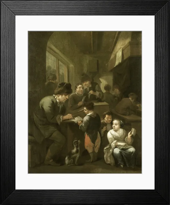 Framed Print : The Schoolmaster, by Bernardus van Schijndel, 1670-1709, Dutch painting, oil on panel. Classroom with young boys and girls writing and reading