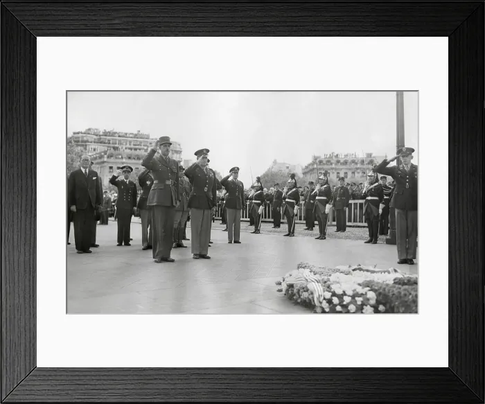 Framed Print : Generals Dwight Eisenhower and Charles de Gaulle salute the tomb of the Unknown Soldier in Paris. June 14, 1945. - (BSLOC_2014_15_237)