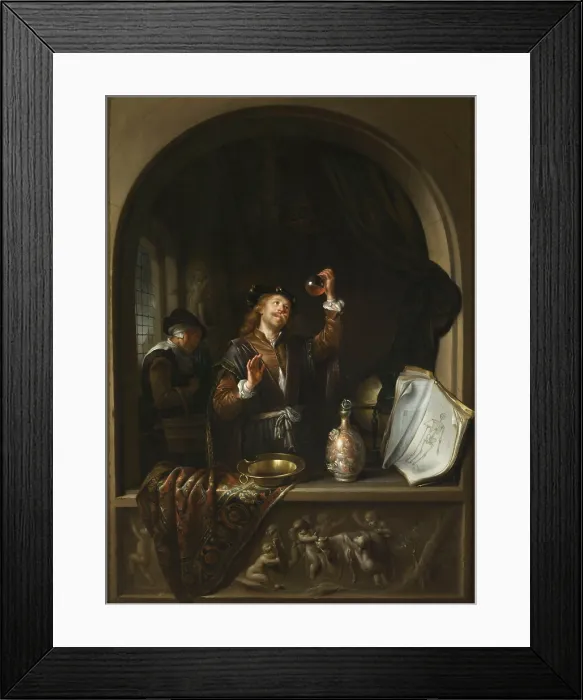 Framed Print : The Doctor, by Jan van Staveren after Gerrit Dou, 1650-69, Dutch painting, oil on copper. Doctor holding a bottle against light to examine a patient's urine