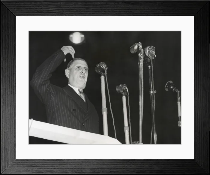 Framed Print : Charles De Gaulle speaking, ca. 1947-50. From April 1947 to May 1953, De Gaulle attempted to achieve national leadership through his French People's Party Framed Print : Charles De Gaulle speaking, ca. 1947-50. From April 1947 to May 1953, De Gaulle attempted to achieve national leadership through his French People's Party