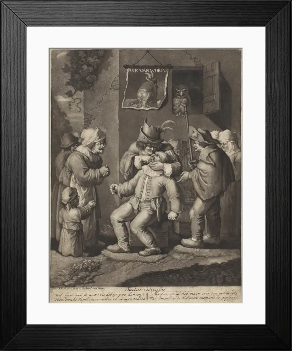 Framed Print : The Five Sense: Feeling, by Pieter Schenk, Jan Both and Andries Both, 1670-1713, Dutch print. Etching on paper. Bystanders watch as a dentist treats a patient in the outdoors