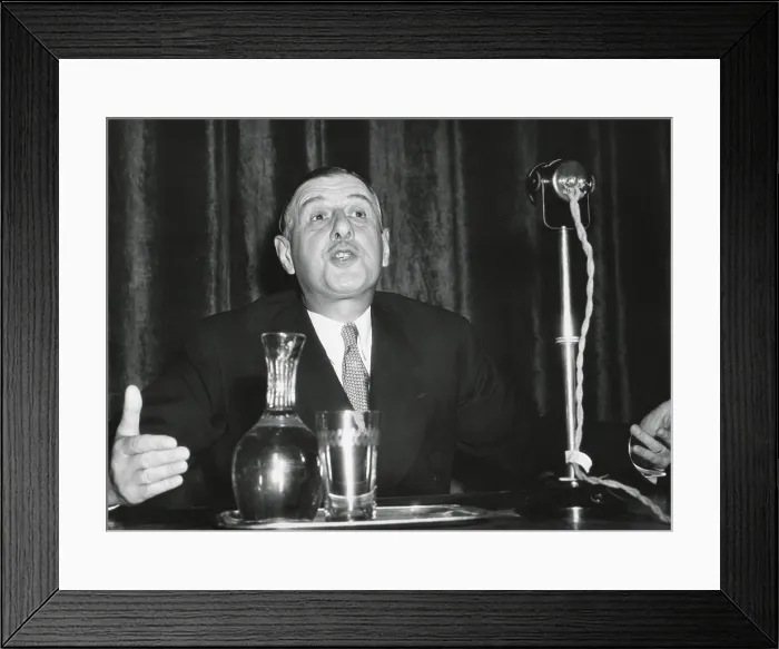 Framed Print : Charles De Gaulle speaking, ca. 1947-50. From April 1947 to May 1953, De Gaulle used the French People's Party was his platform to achieve national leadership
