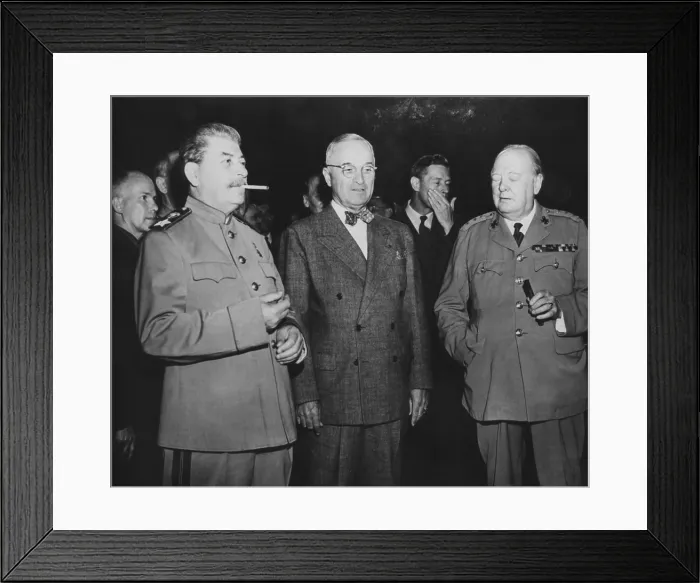 Framed Print : The Big Three leaders of the Allies fighting against the Axis nations of World War 2. L-R: Joseph Stalin, Harry Truman, and Winston Churchill. July 18, 1945