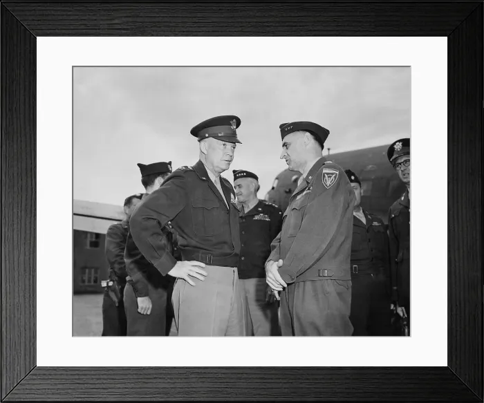 Framed Print : Generals Dwight Eisenhower and Lucius Clay at Gatow Airport in Berlin, during the Potsdam Conference. July 20, 1945. Clay would become U.S