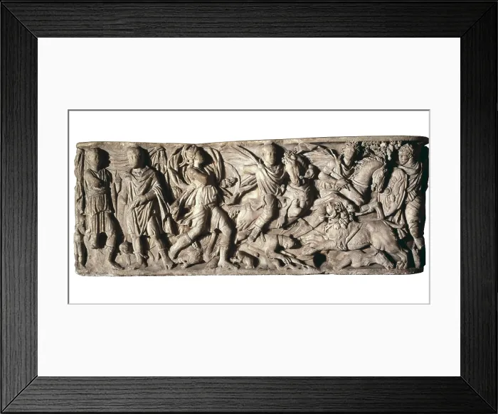 Framed Print : Sarcophagus with hunting scene, 3rd c. AD. Roman art. Late Empire. Relief on marble. SPAIN. Barcelona. Archaeology Museum of Catalonia. Proc: SPAIN. Barcelona