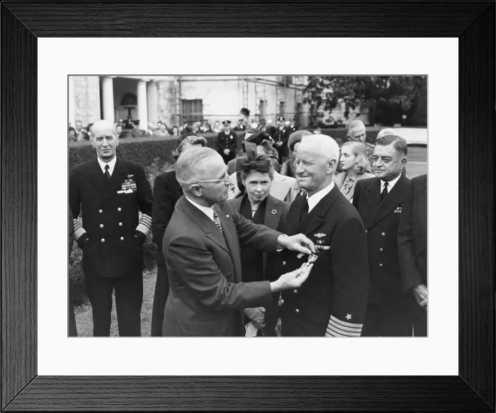 Framed Print : President Harry Truman awarding Admiral Chester Nimitz a Gold Star at the White House. Nimitz was Commander of U.S. Pacific Fleet during World War 2. At far left is Adm