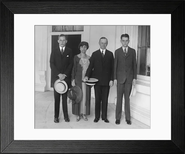 Framed Print : President Calvin Coolidge with his family at the White House, June 30, 1924. L-R: John, age 17; First Lady Grace; the President; Calvin, Jr. age 16. (BSLOC_2015_15_163)